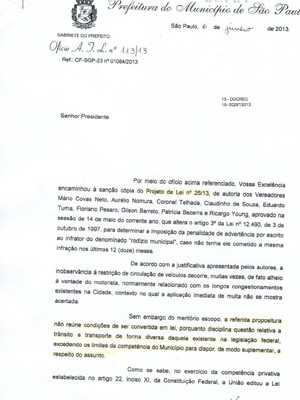 Ofício mostra razões de veto de projeto que previa troca da multa de rodízio por adevertência (Foto: Reprodução)