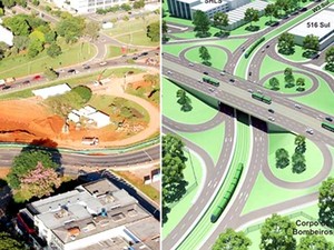 Obras do VLT na Asa Sul em Brasília (esquerda) e previsão de projeto pronto (direita) (Foto: GDF/Divulgação)