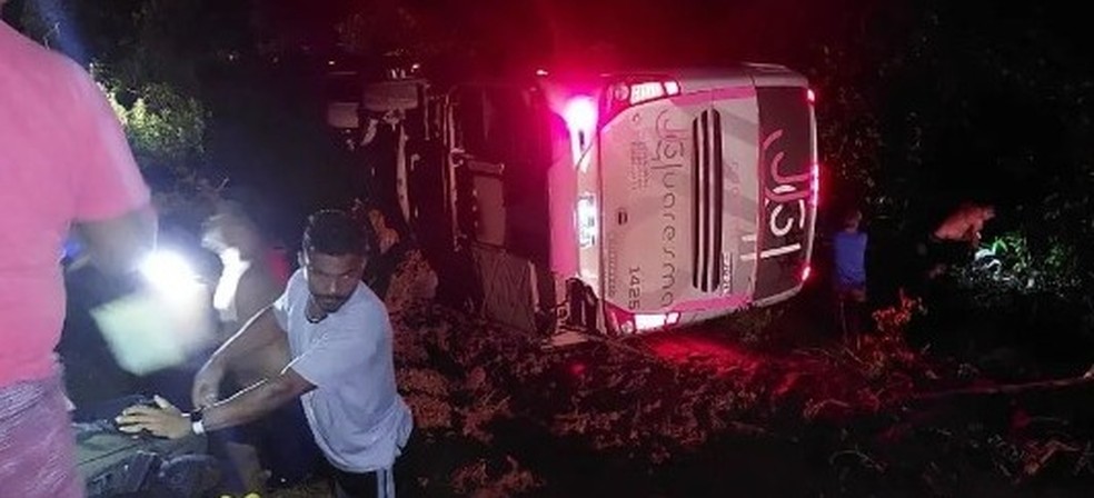 Ônibus com delegação do Conselho Indígena Tapajós e Arapiuns tomba na BR-163 em Mato Grosso — Foto: Redes sociais