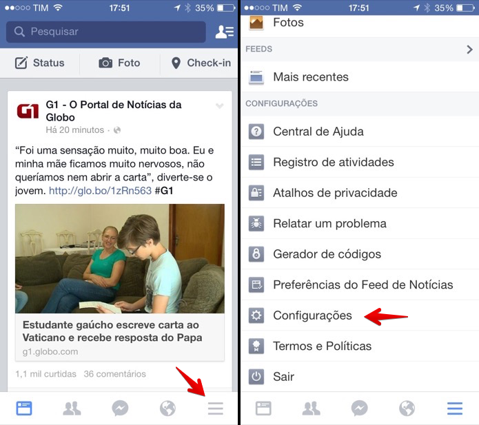 Abra o aplicativo do Facebook e acesse as configura??es. (Foto: Reprodu??o/Helito Bijora)