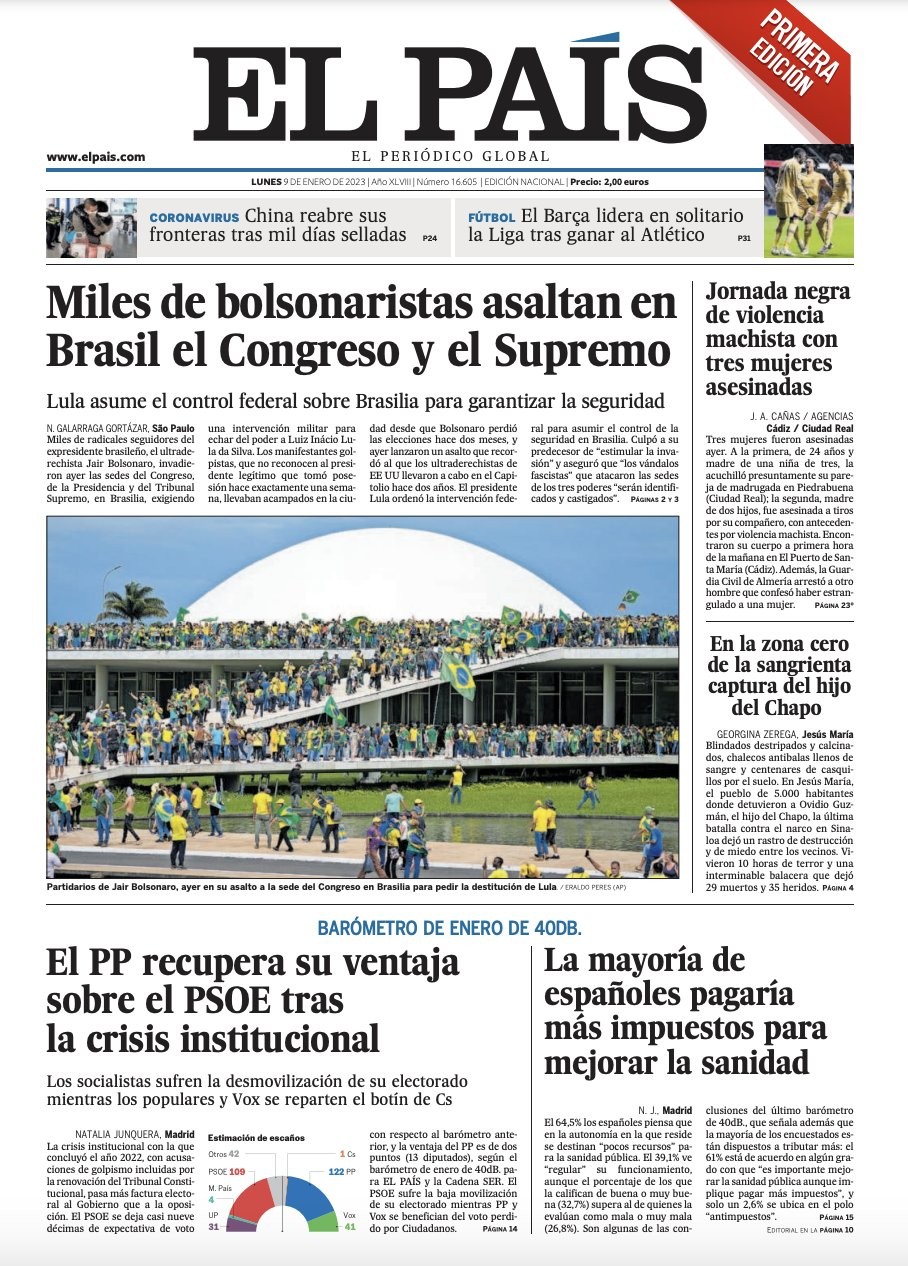 Veículo com a maior tiragem da Espanha, o El País trouxe a notícia em destaque na capa do jornal desta segunda-feira — Foto: Reprodução/Twitter