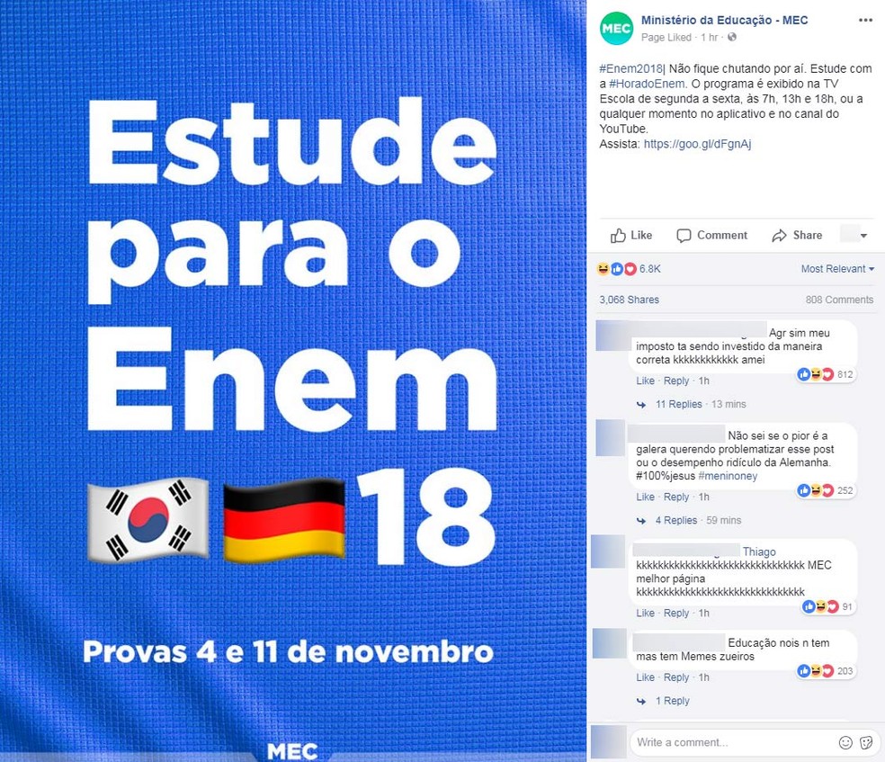 MEC aproveita zoeira contra a Alemanha eliminada na Copa para lembrar os torcedores que em novembro tem Enem (Foto: ReproduÃ§Ã£o/Facebook)