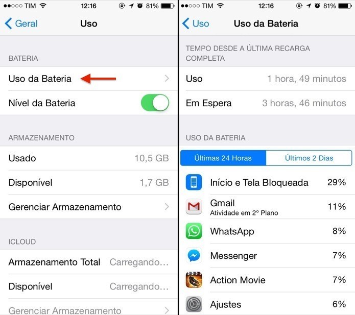 Veja o que está gastando sua bateria no iOS 8 (Reprodução/ Helito Bijora)