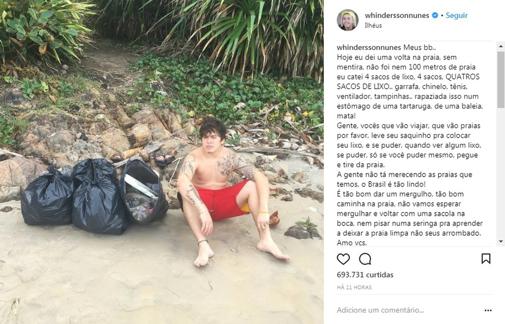 Em postagem no Instagram, youtuber criticou sujeira em praia de Ilhéus (Foto: Reprodução/Instagram)