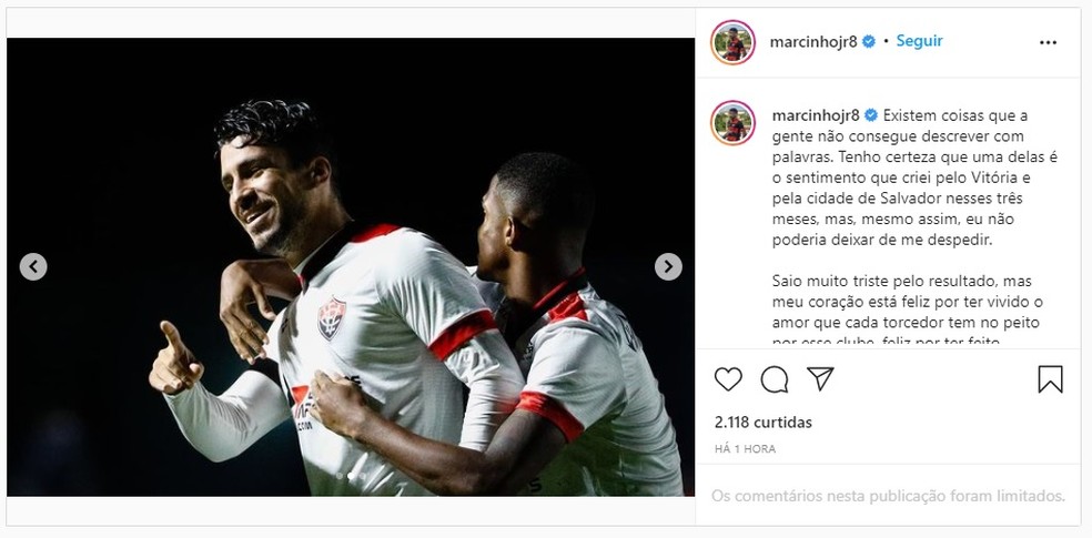Marcinho se despede do Vitória no Instagram — Foto: Reprodução / Instagram