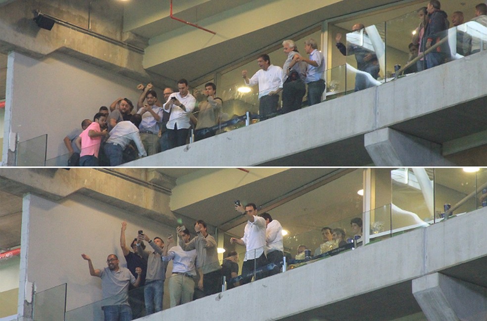 Dirigentes do Flamengo fazem gestos e filmam torcida palmeirense localizada abaixo do camarote — Foto: Sergio Ortiz/Forza Palestrina