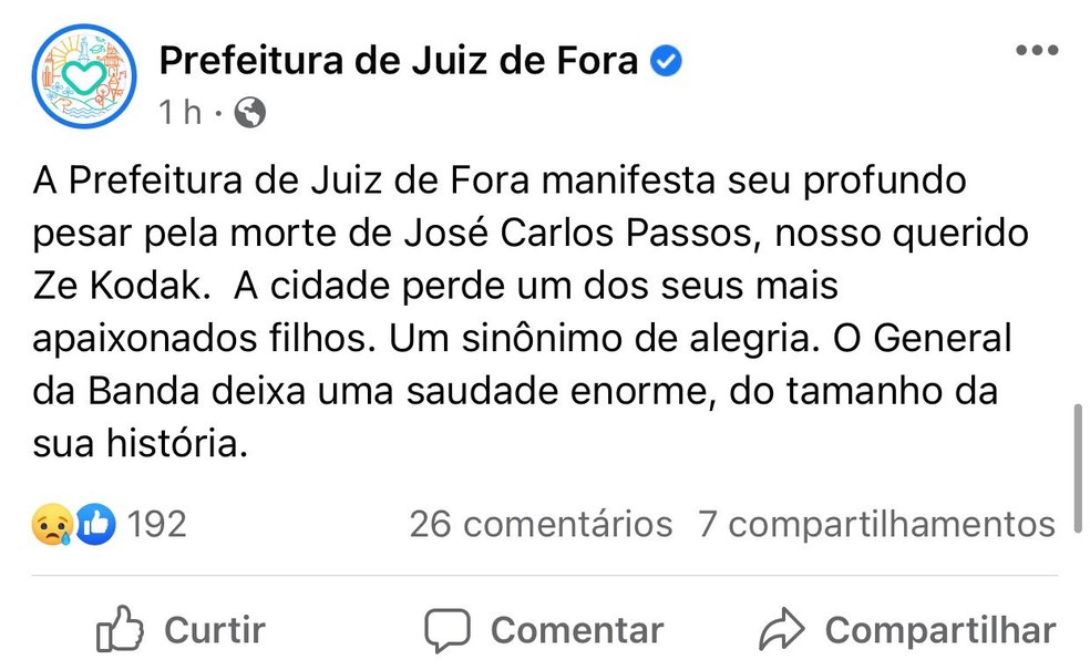 Prefeitura de Juiz de Fora se manifesta após morte de José Carlos Passos — Foto: Facebook/Reprodução