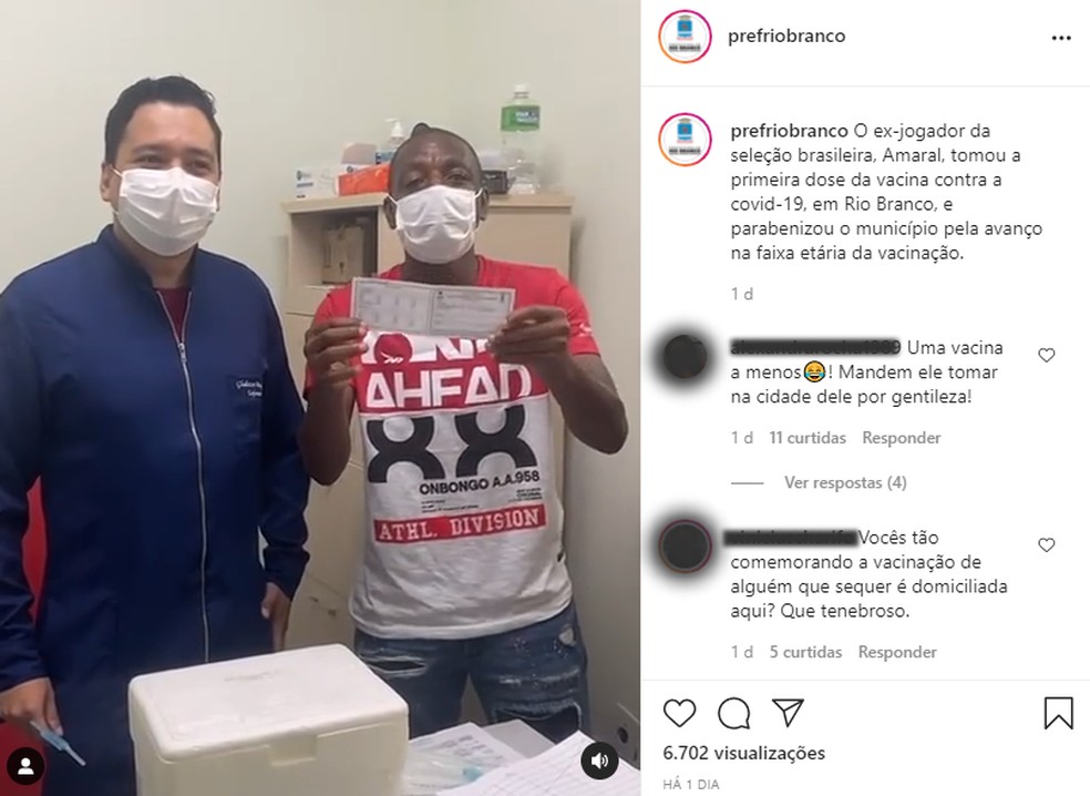 Internautas desaprovam vacinação do ex-jogador Amaral, em Rio Branco — Foto: Reprodução/Instagram