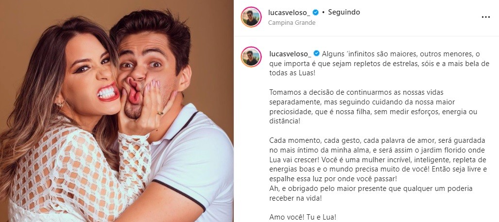 Post de Lucas Veloso ao anunciar separação de Géssica Muniz (Foto: Reprodução/Instagram)