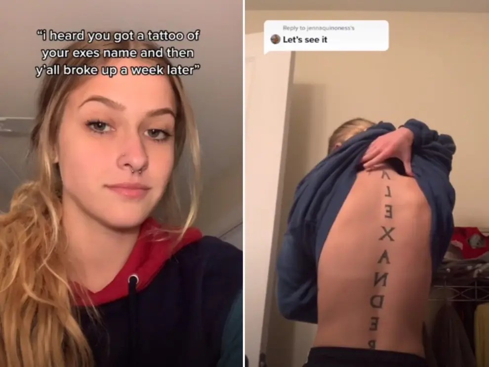 Ashlyn Grace, 21, revelou que fez uma tatuagem gigante do nome de seu ex-namorado nas costas apenas uma semana antes de se separarem. (Foto: Reprodução/ Tiktok)
