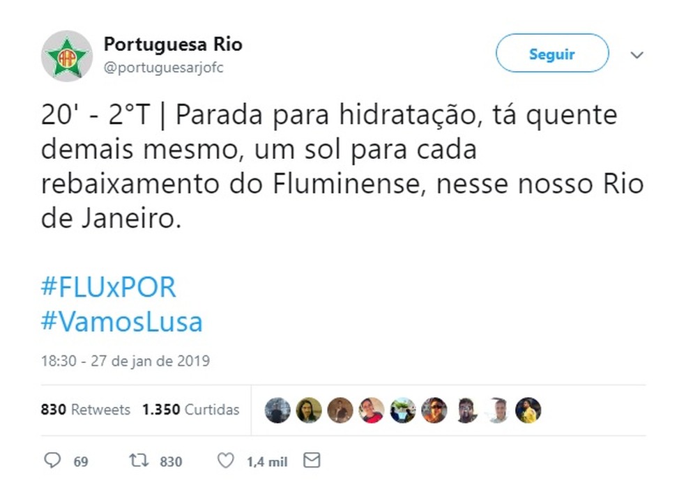 Twitter da Portuguesa ironiza o Fluminense — Foto: Reprodução