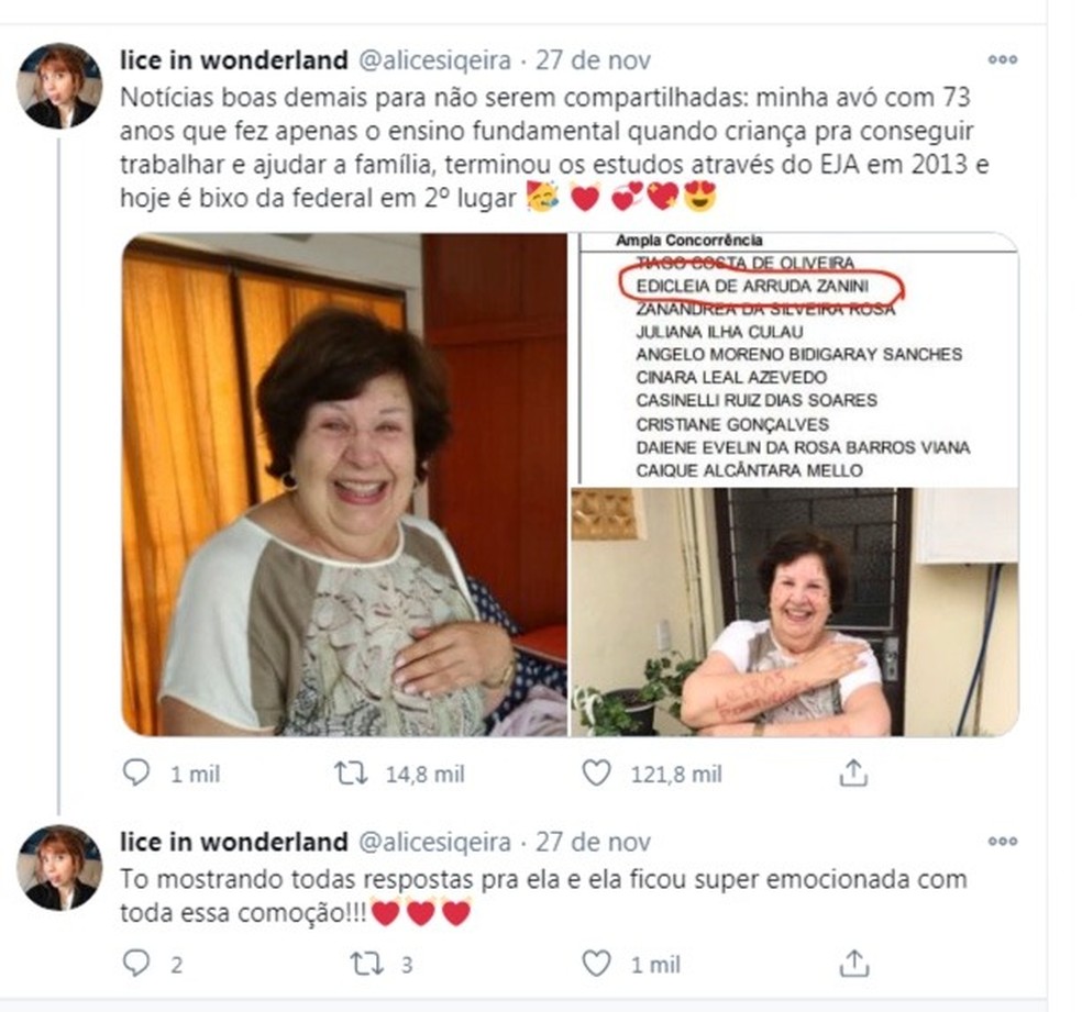 Neta comemorou conquista da avó com postagem no Twitter. — Foto: Reprodução redes sociais