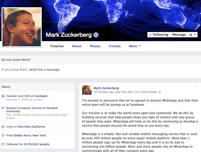 Mark Zuckerberg divulga o acordo da compra do WhatsApp em seu perfil pessoal no Facebook (Foto: Reprodução/Facebook)