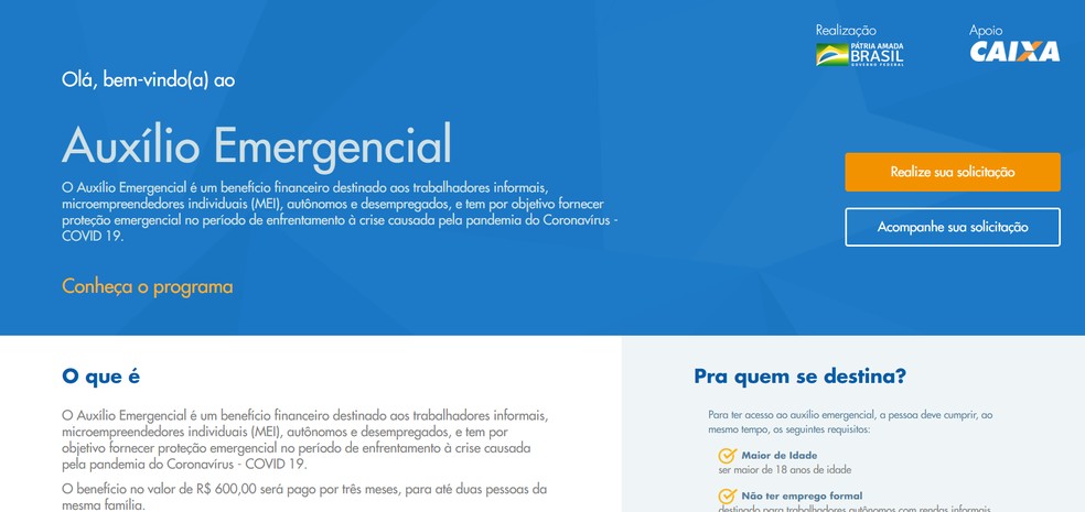 Página inicial no site da Caixa para cadastro no auxílio emergencial de R$ 600  — Foto: Reprodução