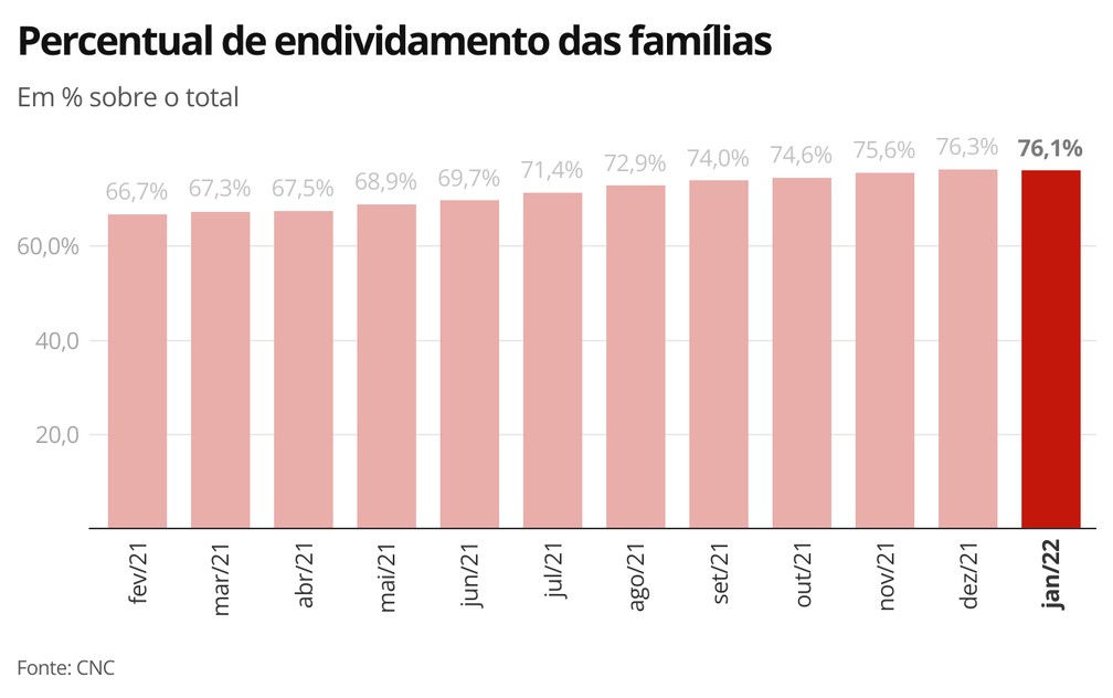 Endividamento das famílias - janeiro/22 — Foto: Economia g1