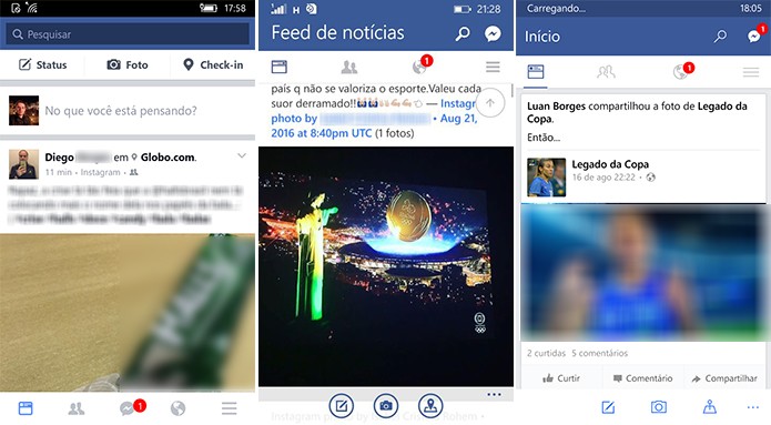 Facebook oficial (à esquerda) teve mudanças visuais em relação ao app da Microsoft para Windows Phone 8.1 (centro) e do Window s 10 (direita) (Foto: Reprodução/Elson de Souza)