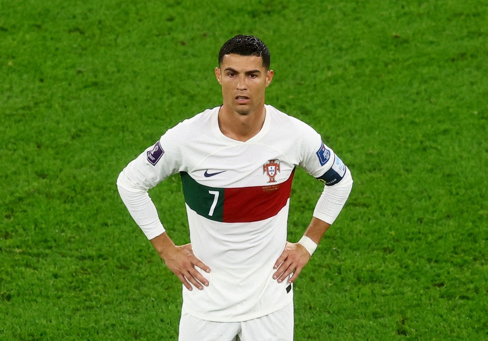 Jogador Cristiano Ronaldo chora após derrota para o Marrocos na Copa do Mundo do Catar  — Foto: REUTERS/Paul Childs