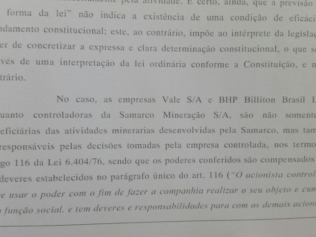 Segundo decisão, Vale e BHP são corresponsáveis por decisões da Samarco (Foto: Reprodução/ TV Gazeta)