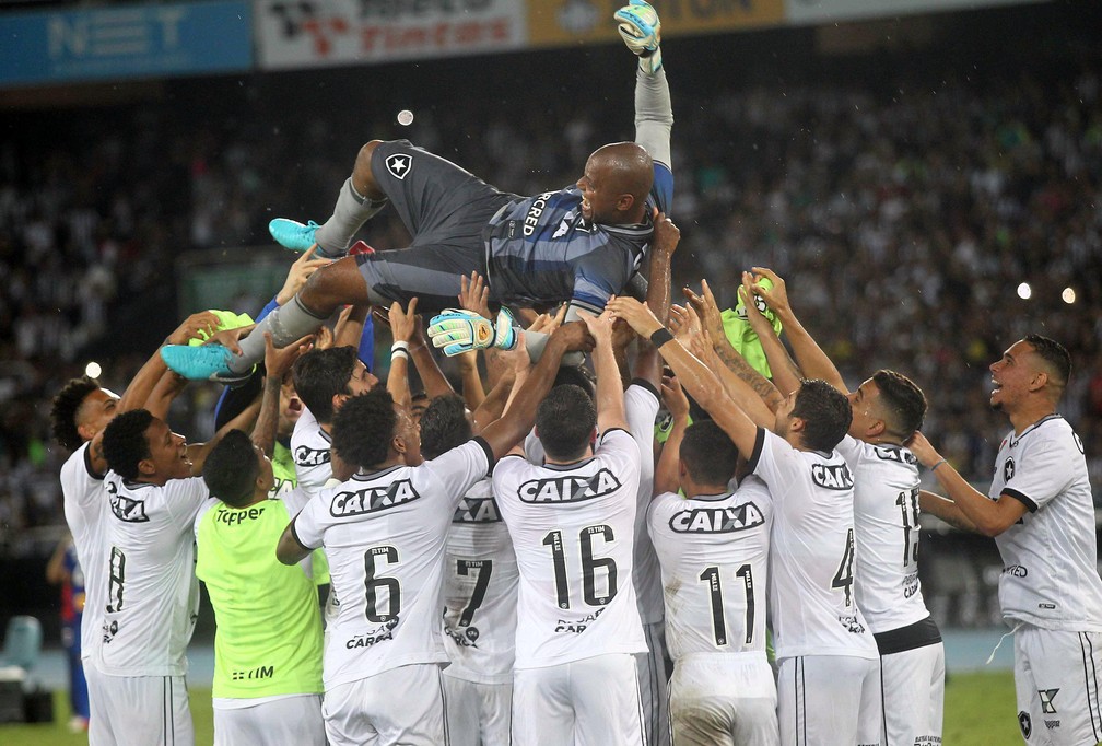 Jefferson carregado pelos jogadores despedida Botafogo x ParanÃ¡ â€” Foto: PAULO SÃ©RGIO/AGÃŠNCIA F8/ESTADÃƒO CONTEÃšDO
