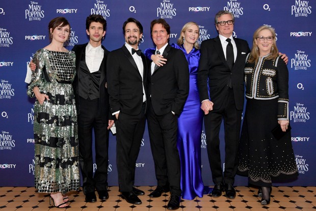 Emily Mortimer, Ben Whishaw, Lin-Manuel Miranda, Rob Marshall, Emily Blunt, Colin Firth e Meryl Streep (Foto: Getty Images)