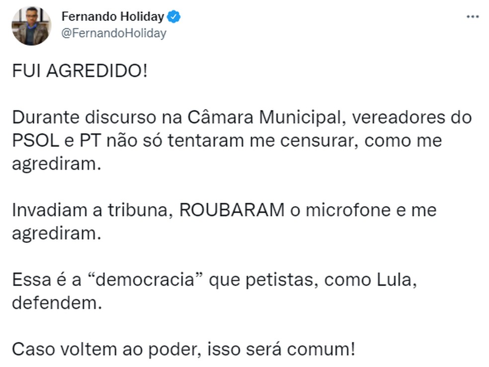 Publicação do vereador Fernando Holiday (Novo) em rede social — Foto: Reprodução/Redes Sociais