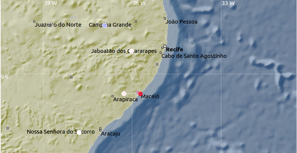 Ponto vermelho mostra local do epicentro do tremor (Foto: Divulgação / LabSis/UFRN)