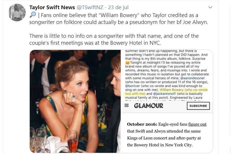 Fãs de Taylor Swift não conseguiram descobrir quem é William Bowery, coautor misterioso de duas das canções do álbum Folklore (Foto: Twitter)