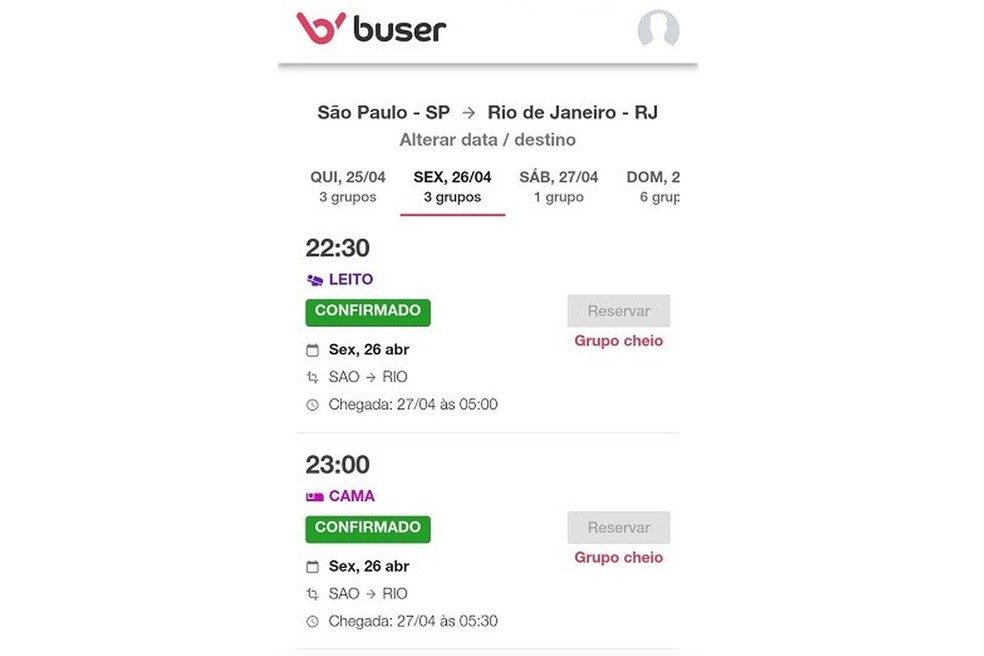 Usuário deve escolher itinerário de seu interesse ou criar um novo grupo de viagem no app Buser — Foto: Reprodução/Maria Dias