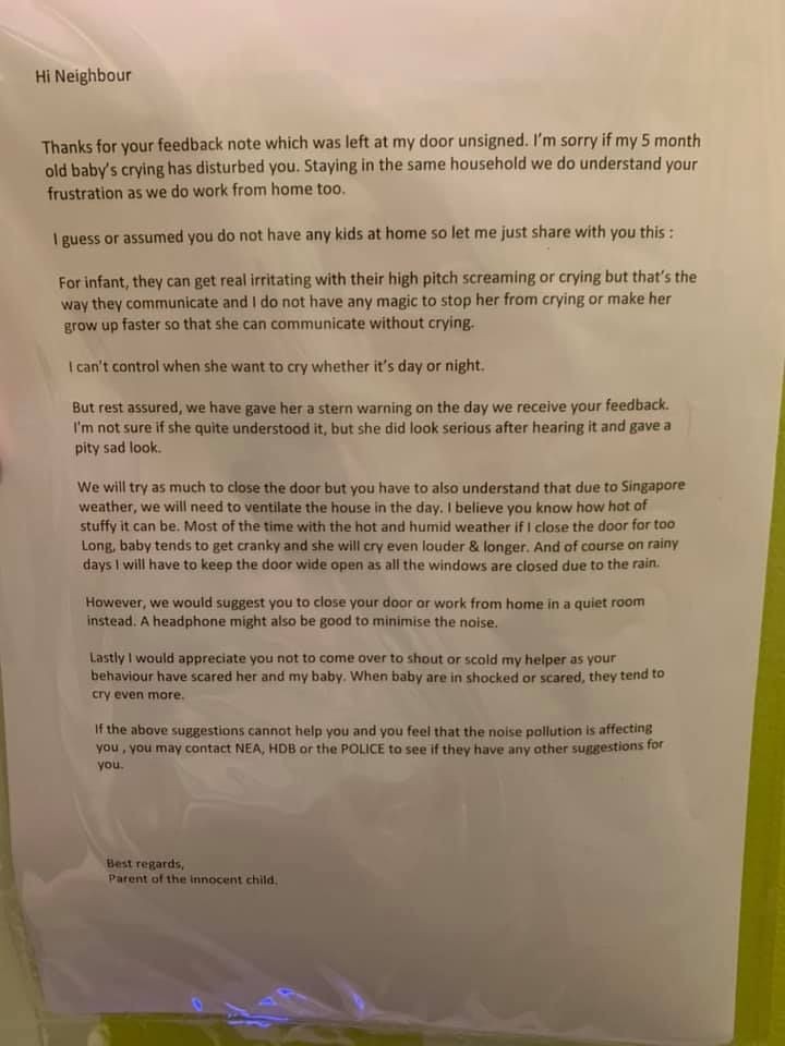 Mãe escreve carta para vizinha que reclamou do choro de seu bebê  (Foto: Reprodução / Facebook)