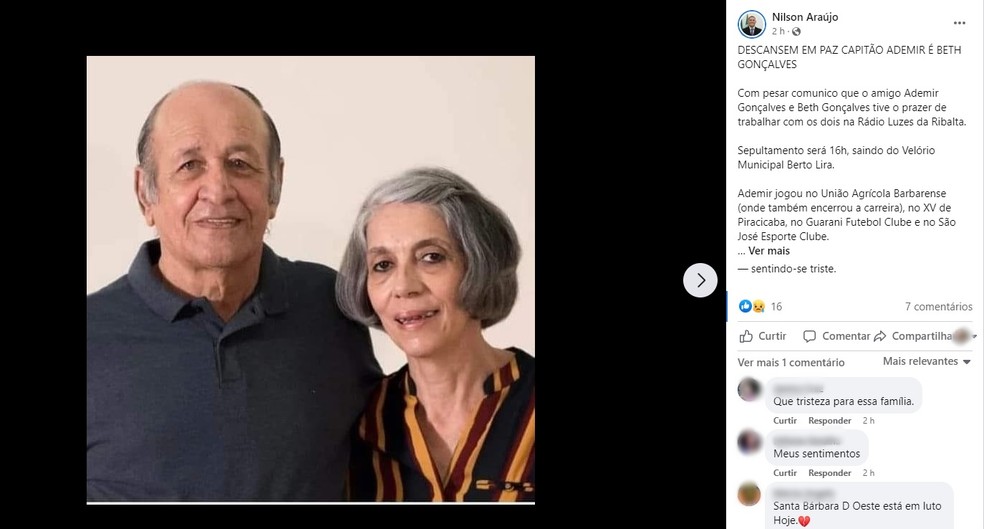 Vereador lamenta morte de ex-jogador do XV, Ademir Gonçalves, e esposa Elisabeth Bagnoli Gonçalves — Foto: Reprodução/Facebook