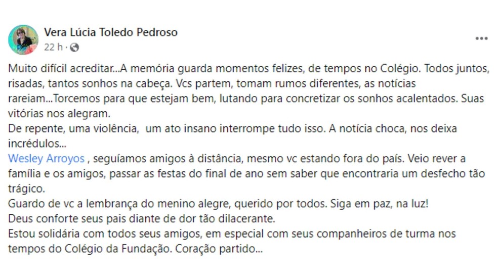 Professora de homem que morreu vítima de latrocínio lamenta perda do aluno — Foto: Facebook /Reprodução