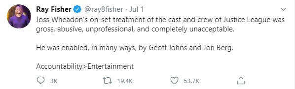 Tweet de Ray Fisher sobre comportamento de Joss Whedon nas gravações de Liga da Justiça (Foto: Twitter)