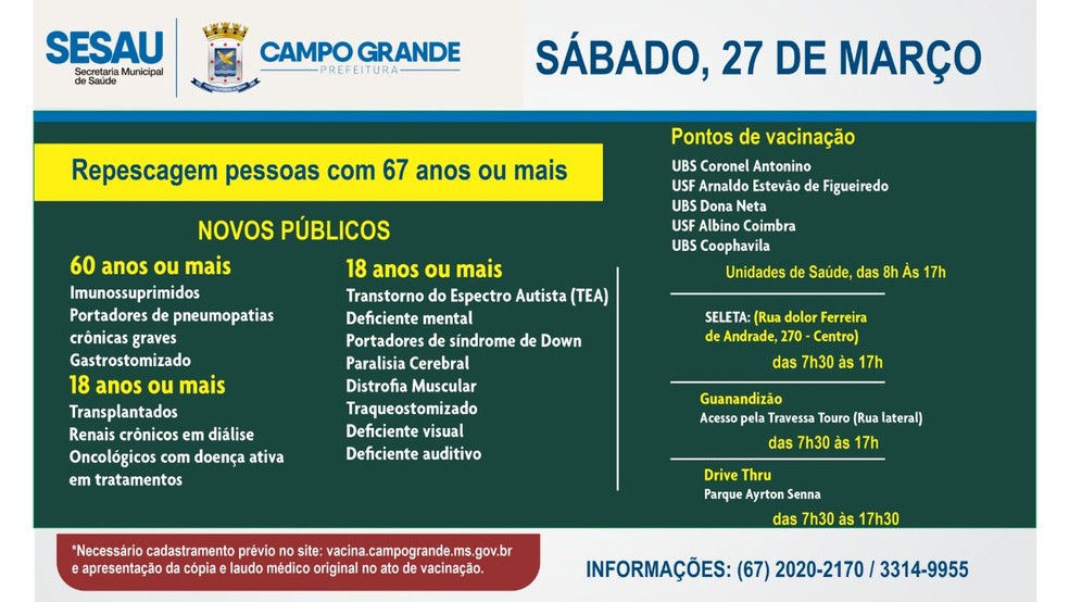 Calendário de vacinação deste sábado (27) em Campo Grande — Foto: Sesau/Divulgação