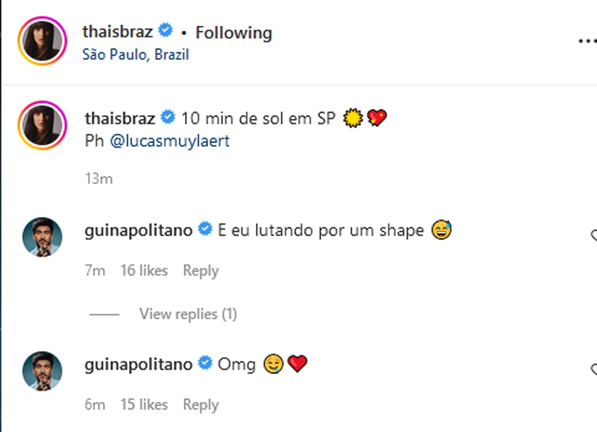 O comentário de Gui Napolitano em post de Thais Braz (Foto: Reprodução Instagram)