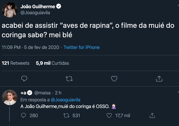 João Guilherme se refere a Arlequina como "mulher do Coringa" e leva bronca de Maisa (Foto: Reprodução/Instagram)