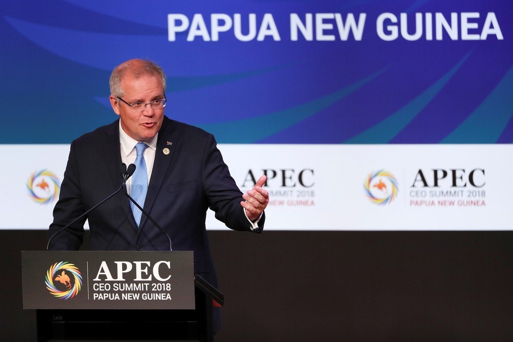 Scott Morrison fala na cÃºpula da CooperaÃ§Ã£o EconÃ´mica Ãsia-PacÃ­fico (APEC) em Port Moresby, em Papua-Nova GuinÃ© â€” Foto: Fazry Ismail/Pool via Reuters