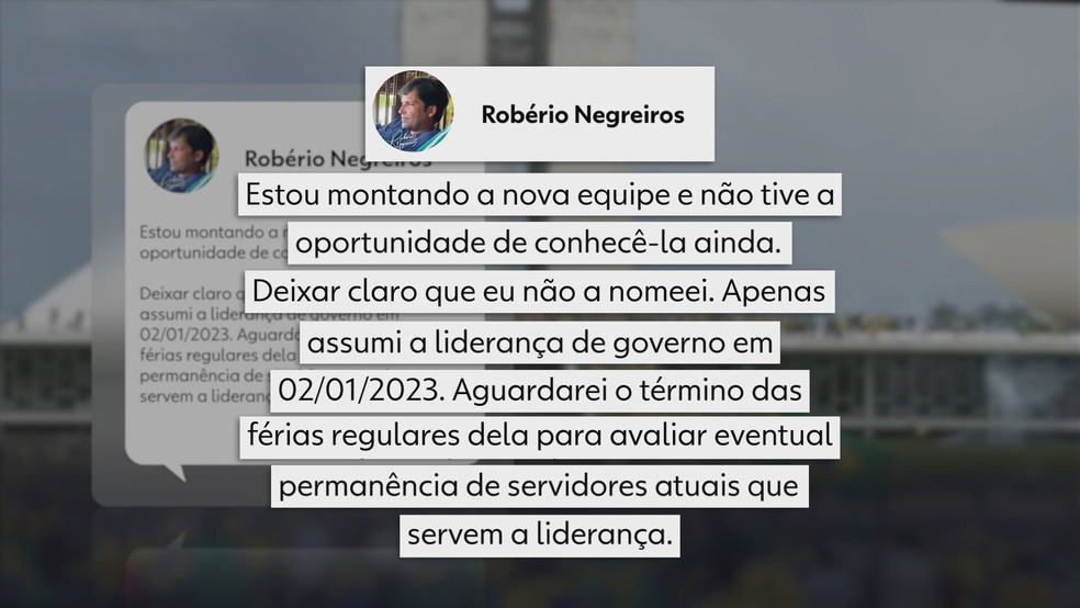 Resposta de Robério Negreiros, sobre Flávia Torres, esposa de Anderson Torres — Foto: TV Globo/Reprodução