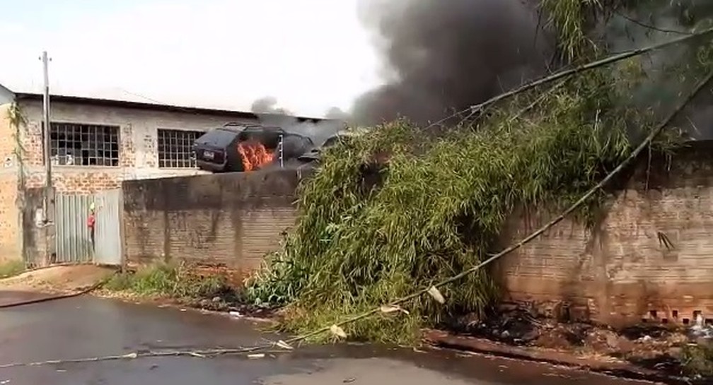 IncÃªndio atingiu 40 carros que estavam armazenados no pÃ¡tio da PolÃ­cia Civil  (Foto: Alex Durski/DivulgaÃ§Ã£o )