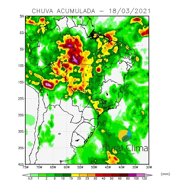 Chuvas devem se concentrar sobre Goiás, Mato Grosso, Mato Grosso do Sul, Rondônia São Paulo e Rio de Janeiro (Foto: Reprodução/Rural Clima)