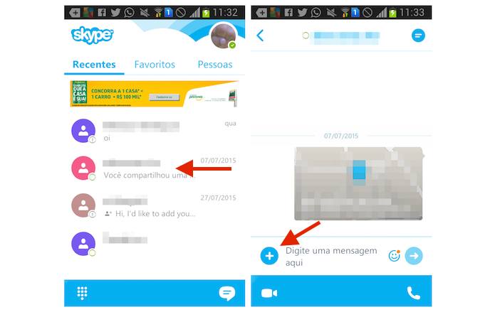Acessando as opções de envio de um chat do Skype para Android (Foto: Reprodução/Marvin Costa