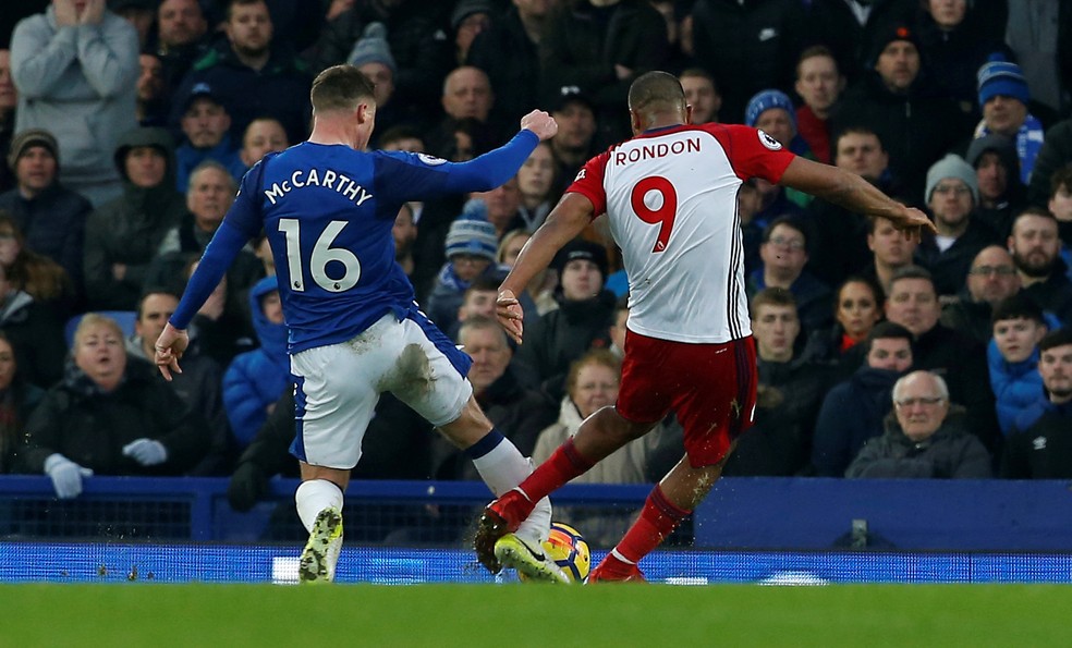 Momento que McCarthy leva o chute de Rondon (Foto: Reuters)