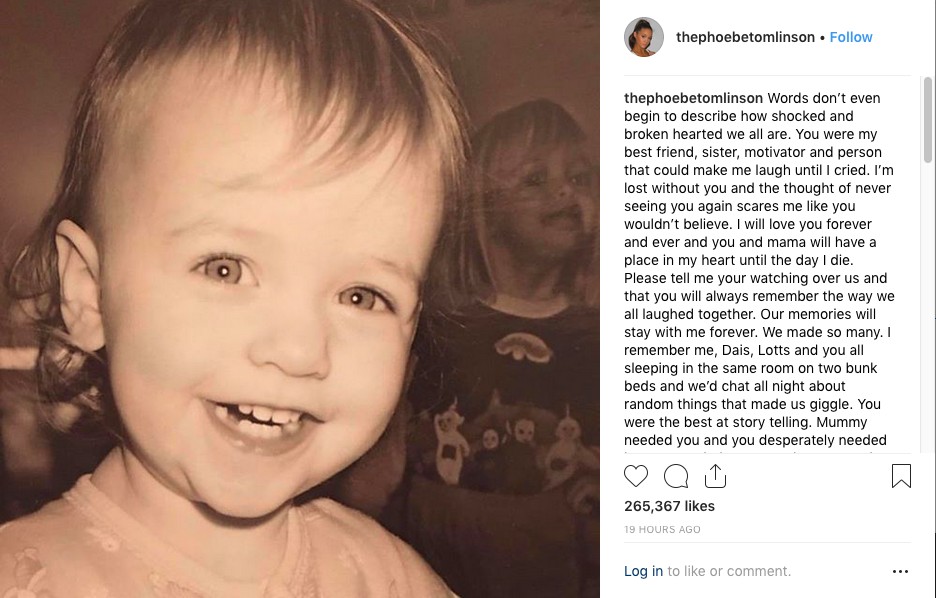 A homenagem feita por Phoebe Tomlinson à irmã de 18 anos que morreu  (Foto: Instagram)
