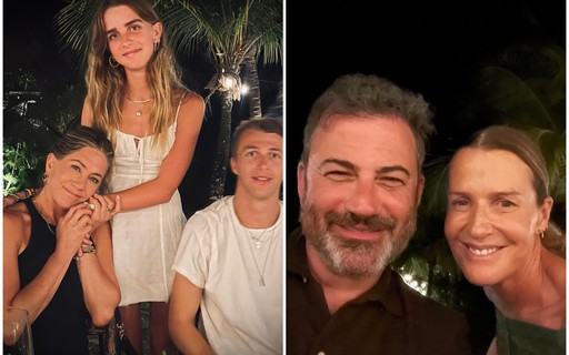 Jennifer Aniston, Jimmy Kimmel e Jason Bateman se reúnem em jantar nas Bahamas