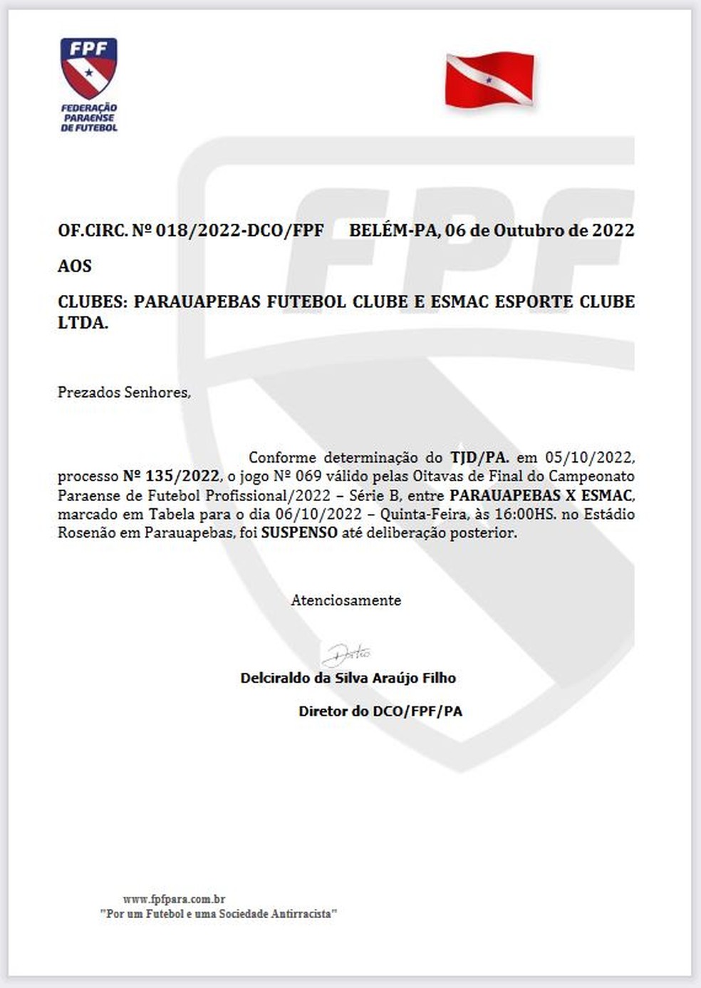 Documento da FPF suspendendo a partida — Foto: Divulgação/FPF