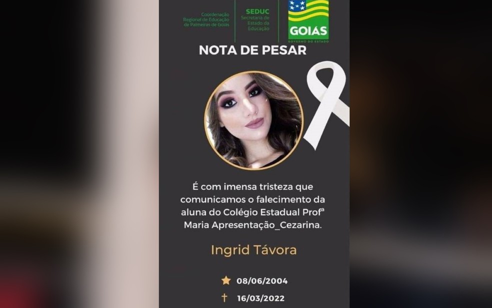 CRE de Palmeiras de Goiás publica nota de pesar pela morte de Ingrid Távora — Foto: Reprodução/Redes Sociais
