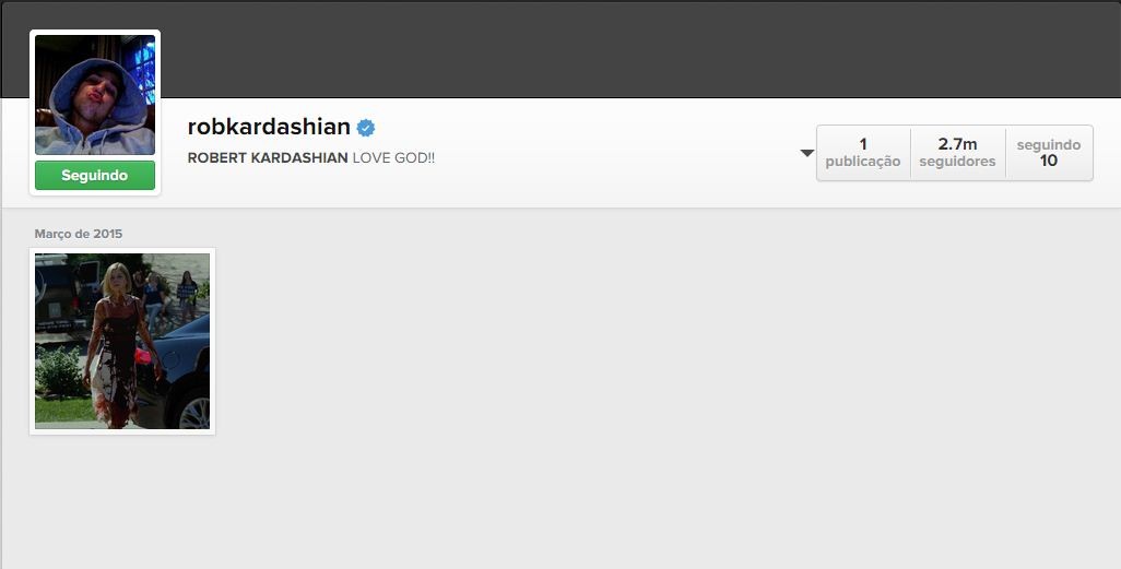 A página de Rob Kardashian: 2.7 milhões de seguidores, mas até então nenhuma postagem (Foto: Reprodução/ Instagram)