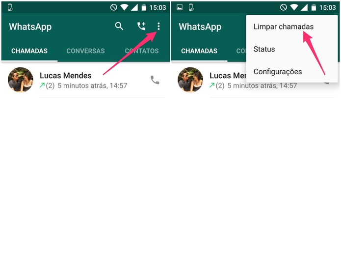 Abra o menu do WhatsApp e e toque na opção para limpar chamadas (Foto: Reprodução/Lucas Mendes)