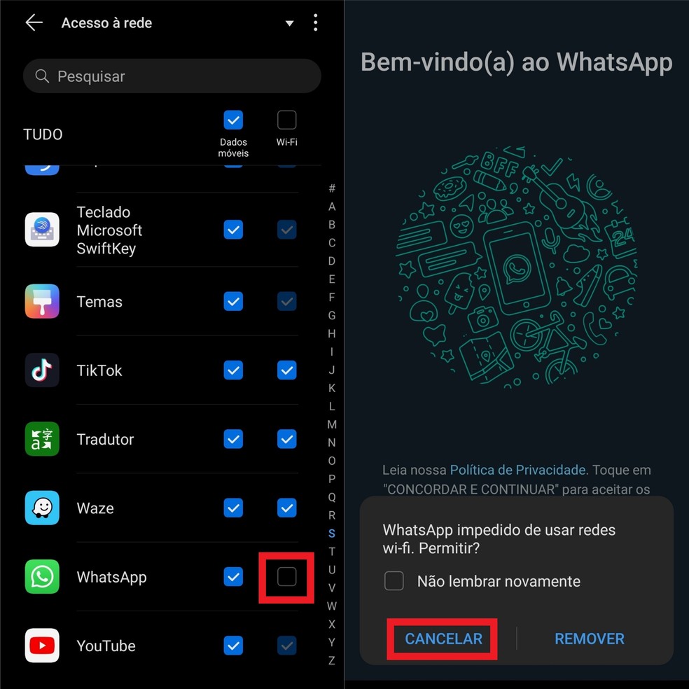 Desmarque a caixa do WhatsApp para impedir que o app acesse o Wi-Fi — Foto: Reprodução/TechTudo