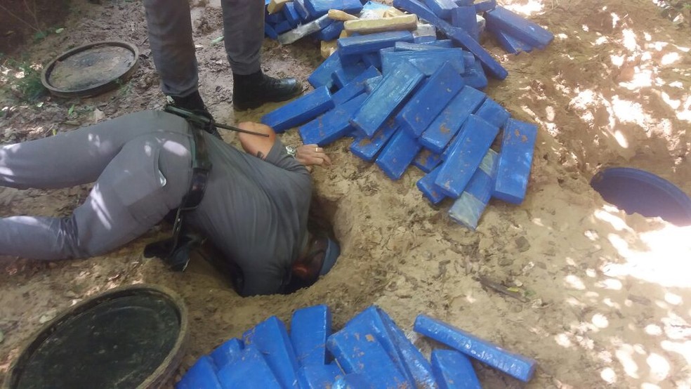 Tabletes de maconha estavam enterrados em Álvares Machado (Foto: Cedida/Polícia Militar)