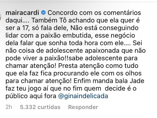 Comentários de Maíra Cardi sobre Jade Picon (Foto: Reprodução/Instagram)